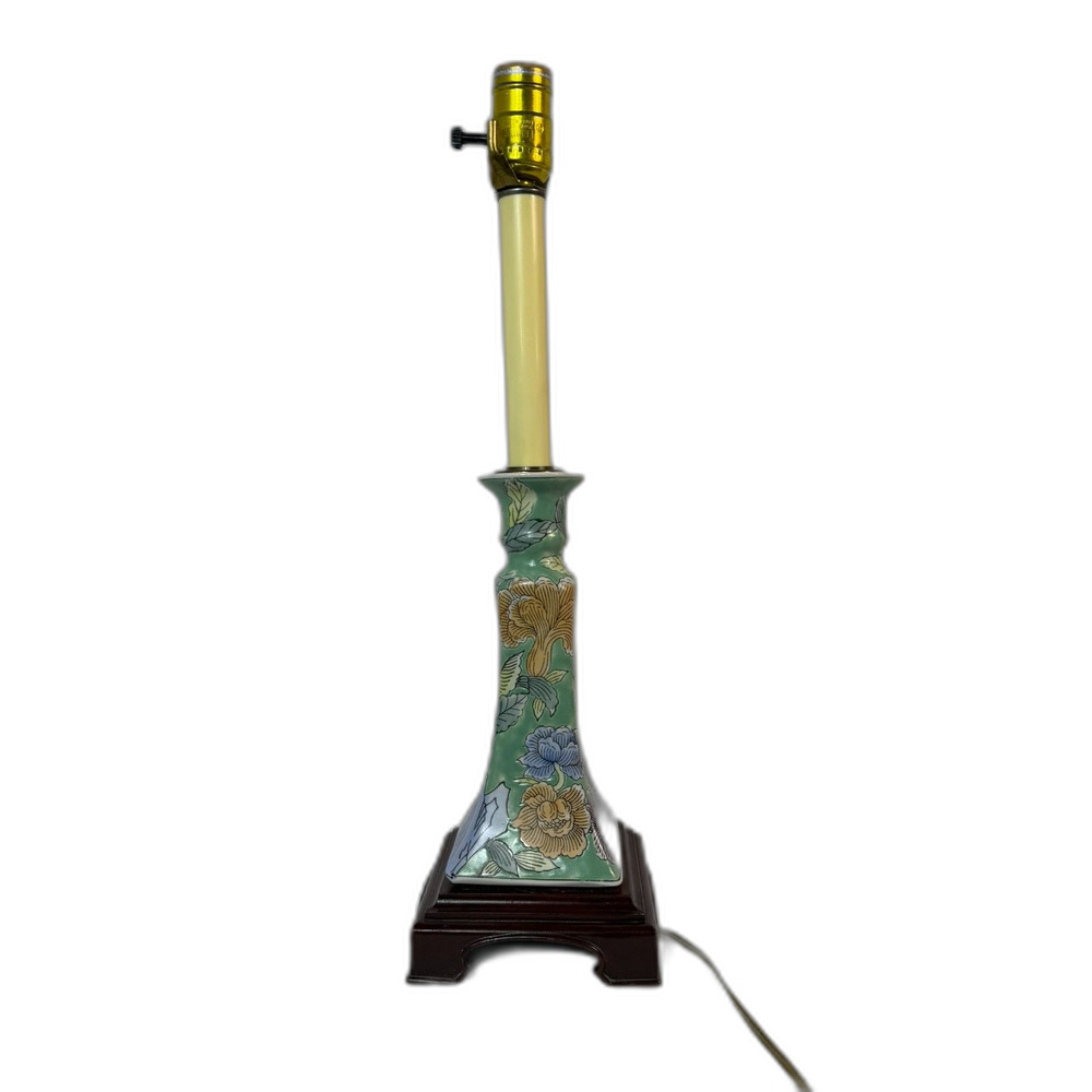 Vintage Green Floral Asian Wood Base Table Lamp Chinoserie TWO AVAIL Candlestick